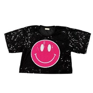 Altar’d State Sequin Smiley Face Top Pink Black Cropped Tee Size L